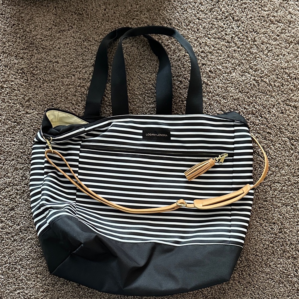 Elegant Striped Tote Bag with Tan Accents